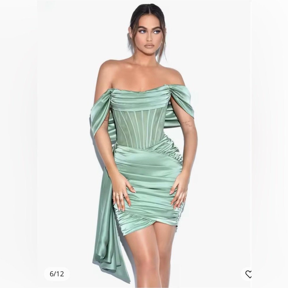 Miss Circle - Kendal Basil Satin Draping Off Shoulder Corset Dress